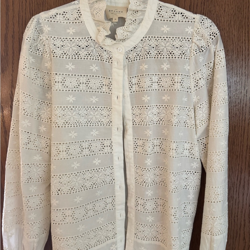 Sezane Cream Lace Button Down Shirt